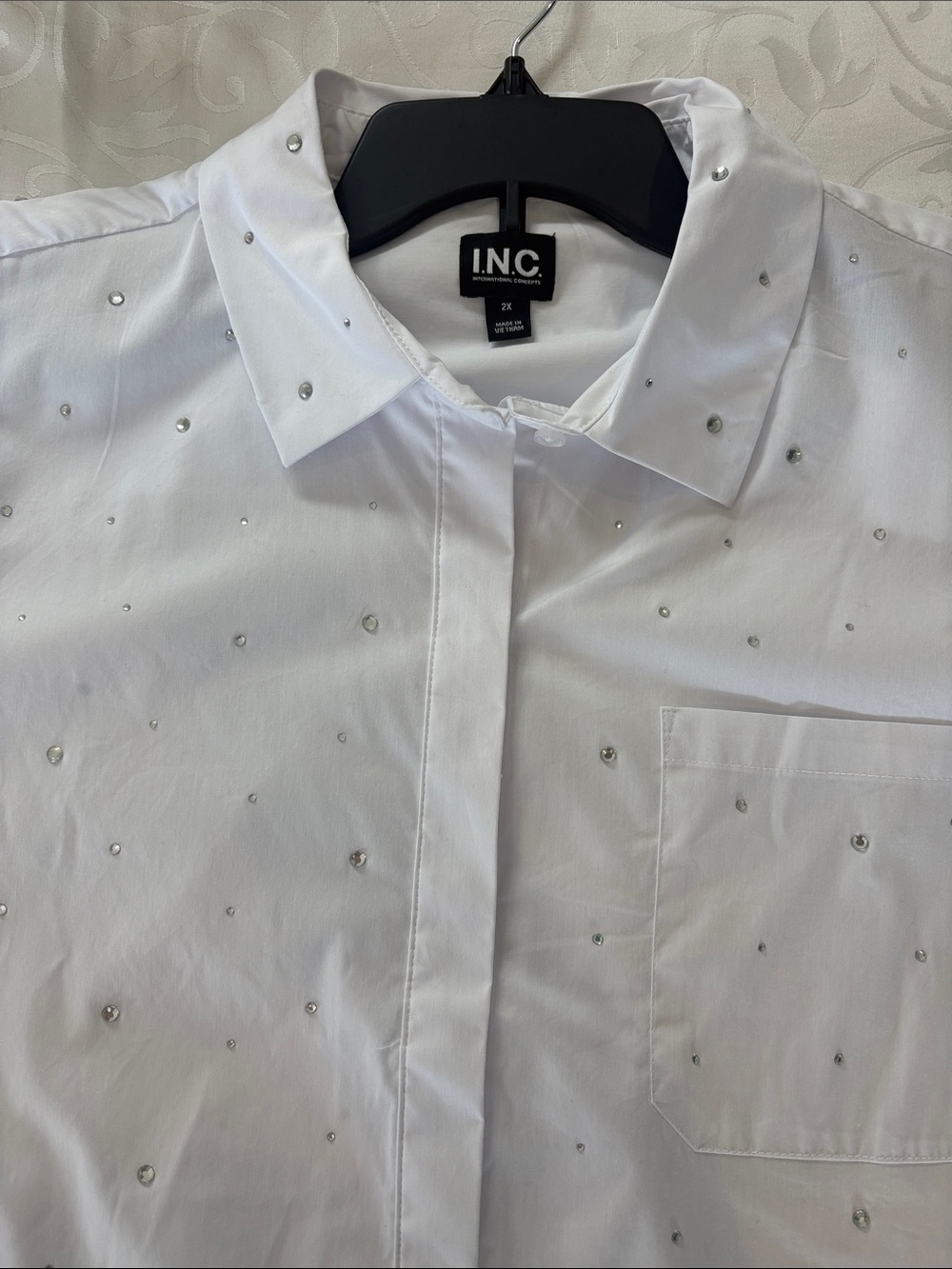 INC International Concepts White Ladies Crystal-Stud Button-Down Shirt